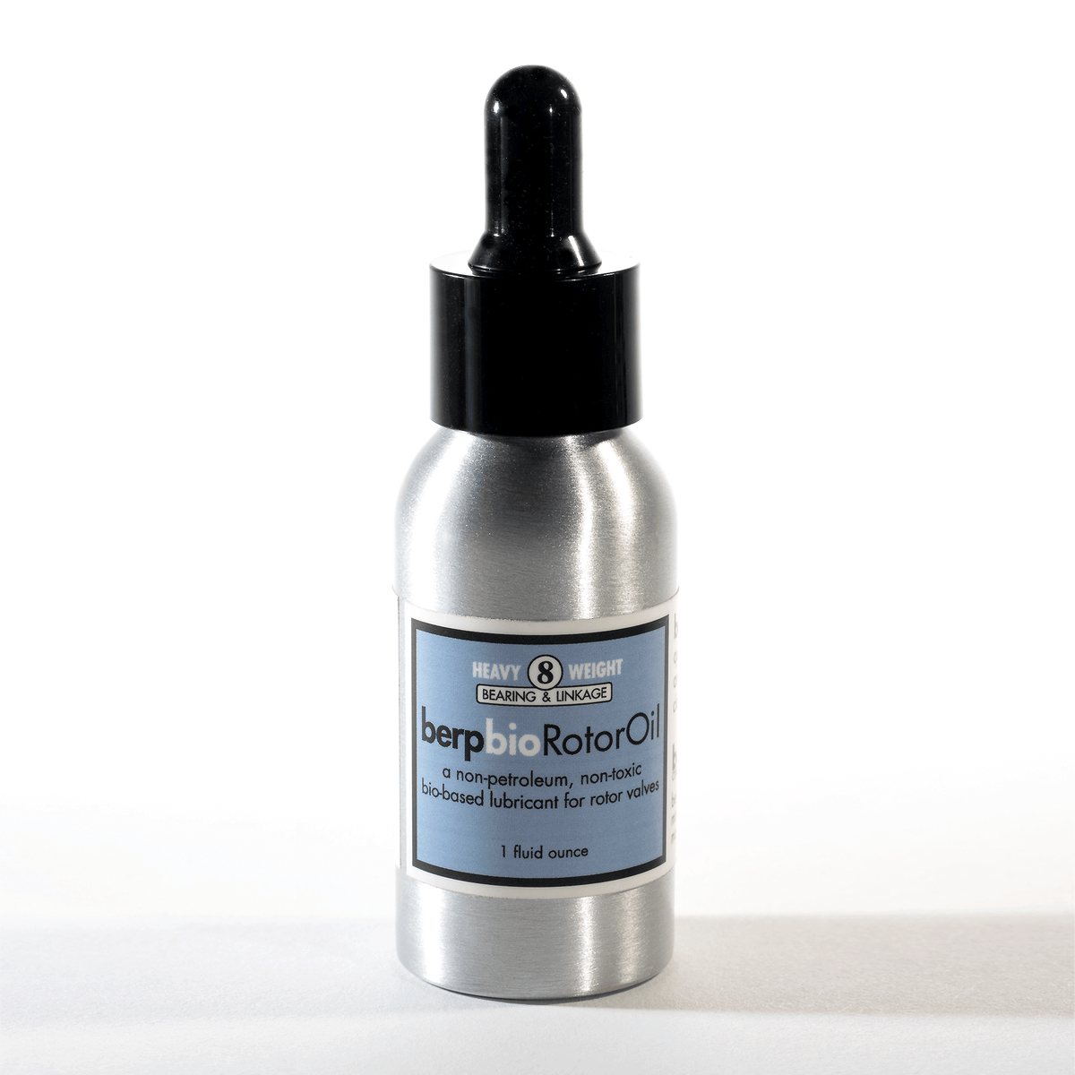 Bottle of berp bio Rotor Oil with a dropper on a white background